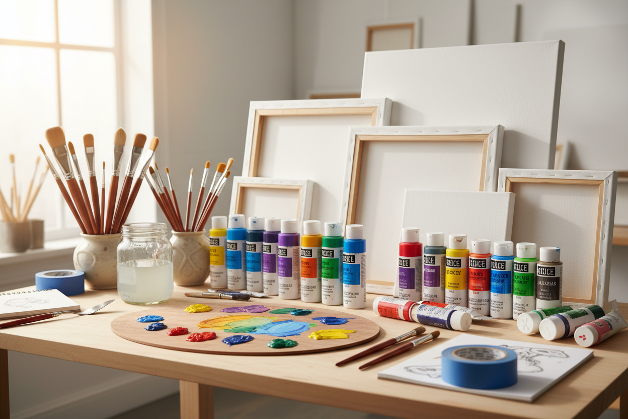 matériel d'artiste peinture acrylique pinceaux toile vierge